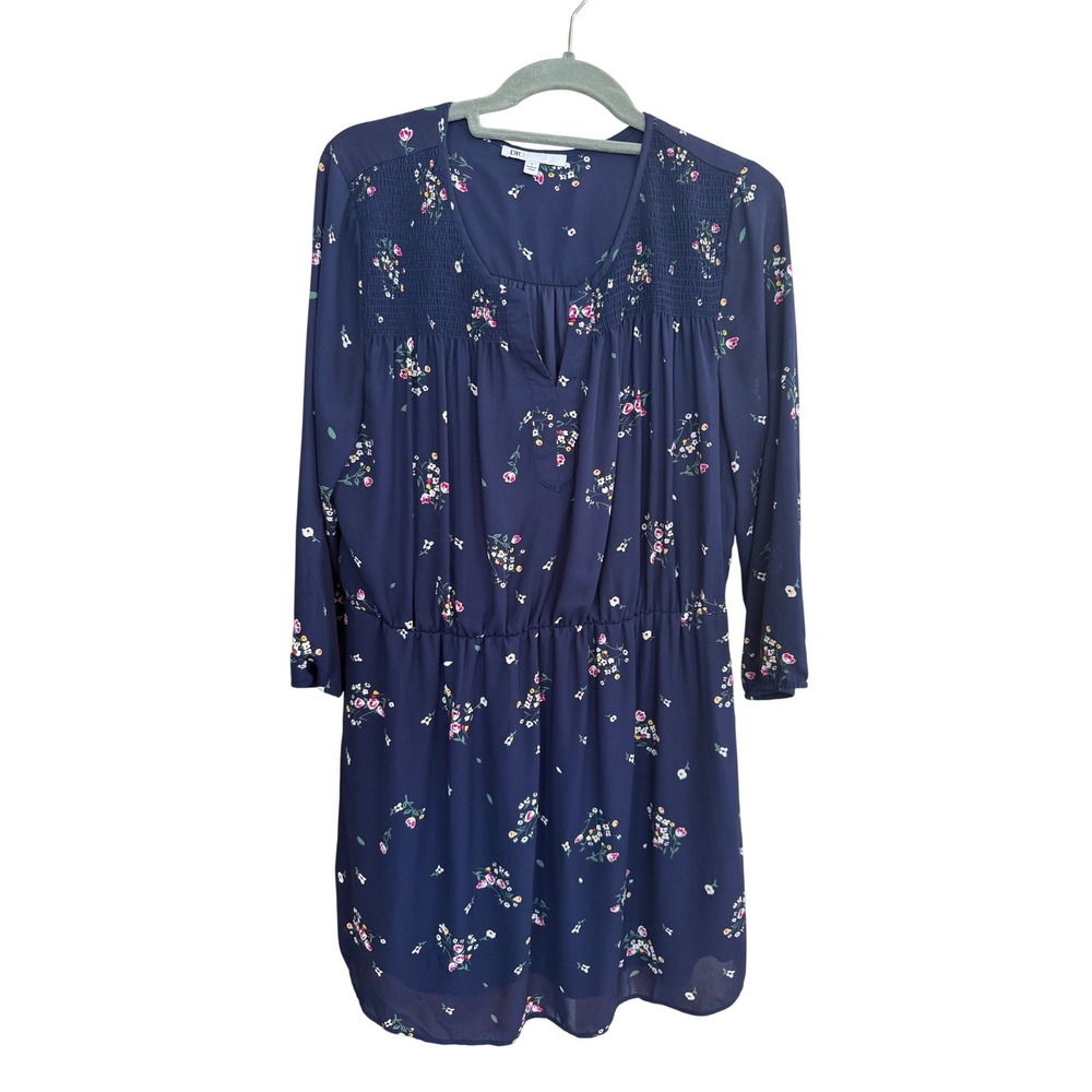 DR2 by Daniel‎ Rainn Navy Blue Floral Long Sleeve Smocked Dress B51266PR1 L